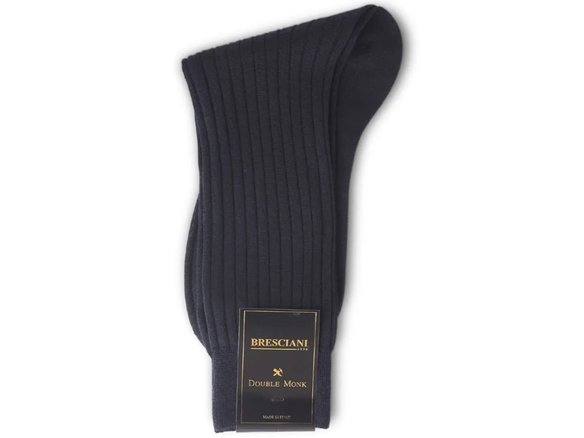 Socks<Bresciani Calf Length 100% Wool Socks Plain Ribbed Navy