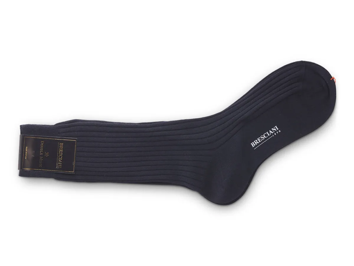 Socks<Bresciani Calf Length 100% Wool Socks Plain Ribbed Navy