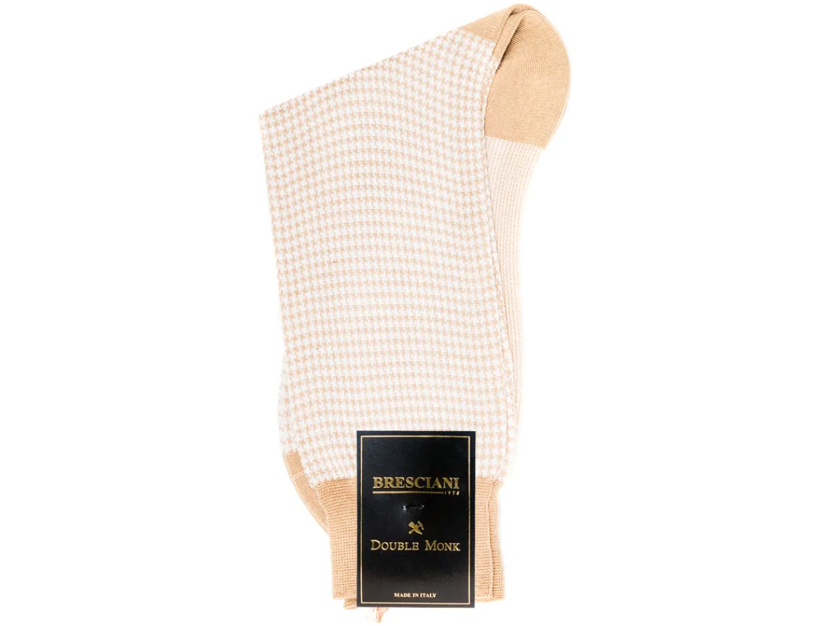 Socks<Bresciani Calf Length Cotton Socks Tan & Beige Dogstooth