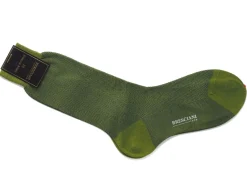 Socks<Bresciani Calf Length Cotton Socks Green & Blue Herringbone