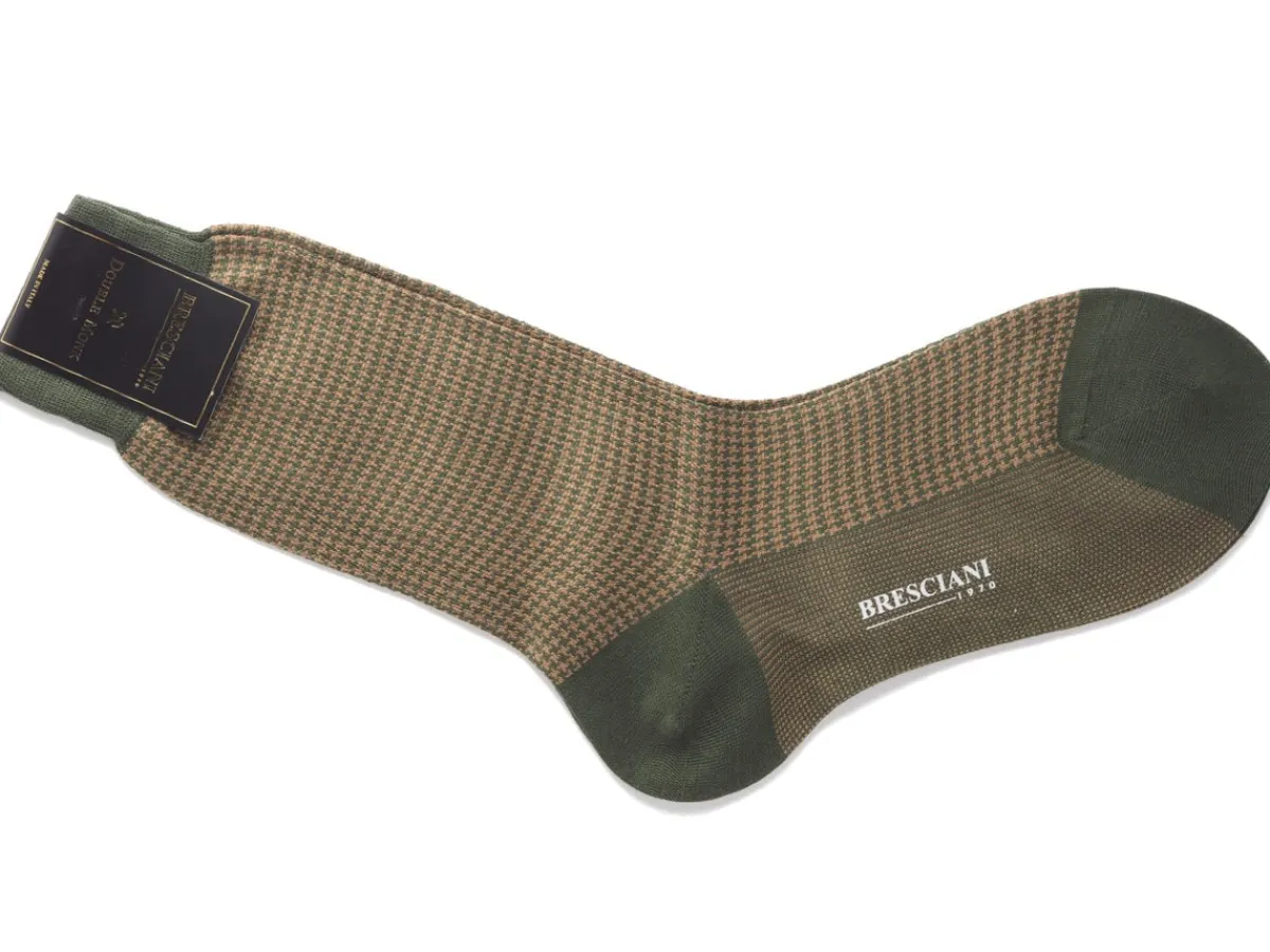 Socks<Bresciani Calf Length Cotton Socks Military Green & Walnut Dogstooth