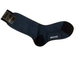Socks<Bresciani Calf Length Cotton Socks Dark Blue Herringbone