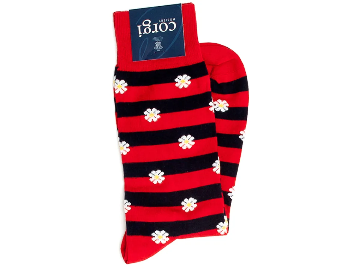 Socks<Corgi Daisy Stripe Socks Red