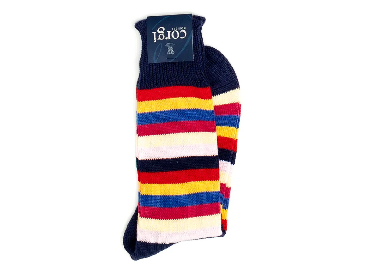 Socks<Corgi Seven Stripe Cotton Socks Navy
