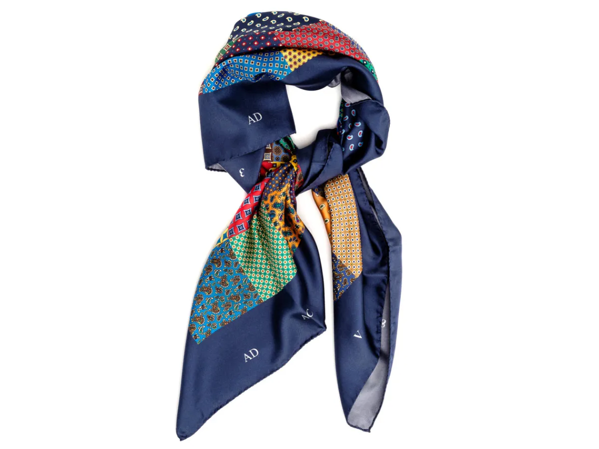 Scarves<Double Monk Silk Patchwork Foulard Classic Navy